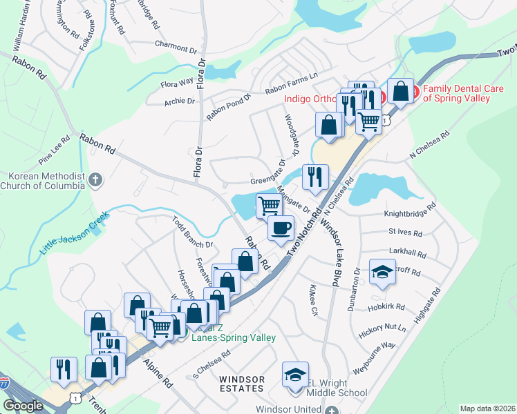 map of restaurants, bars, coffee shops, grocery stores, and more near 24 Royalgate Drive in Columbia