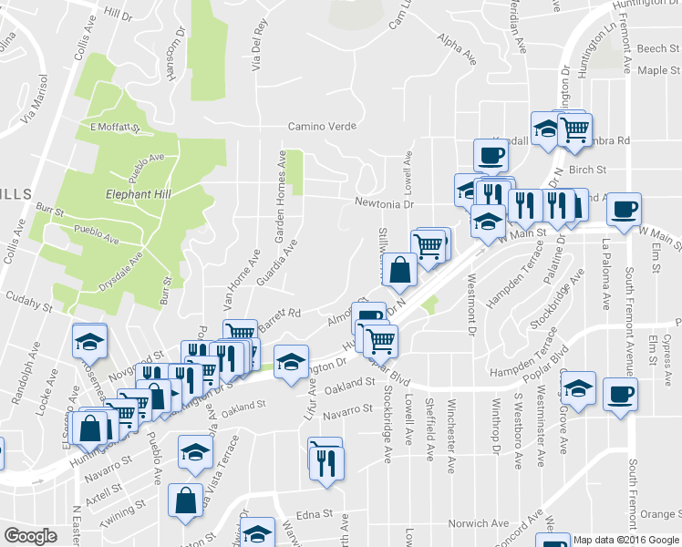 map of restaurants, bars, coffee shops, grocery stores, and more near 4165 Barrett Road in Los Angeles