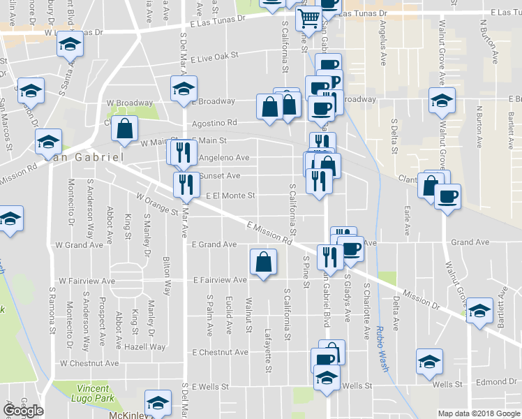 map of restaurants, bars, coffee shops, grocery stores, and more near 501 Pearl Street in San Gabriel