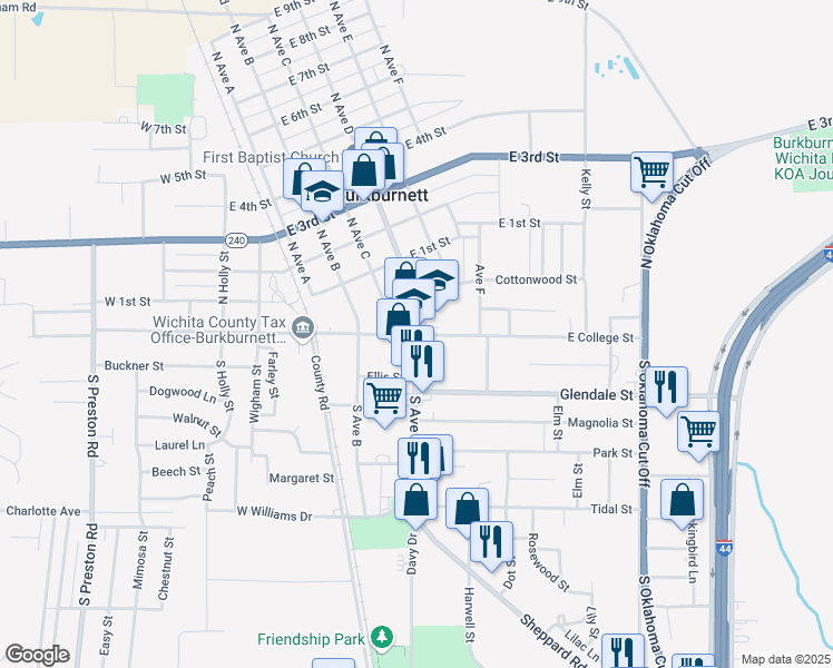 map of restaurants, bars, coffee shops, grocery stores, and more near 100 North Avenue D in Burkburnett