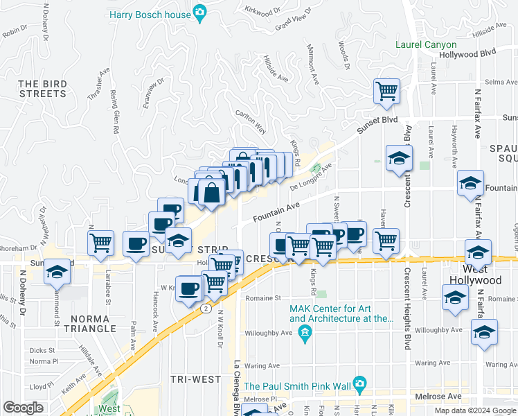 map of restaurants, bars, coffee shops, grocery stores, and more near 1228 North La Cienega Boulevard in West Hollywood