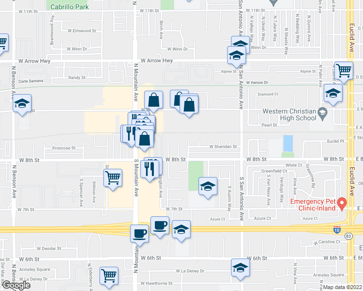 map of restaurants, bars, coffee shops, grocery stores, and more near 150 Fulton Way in Upland