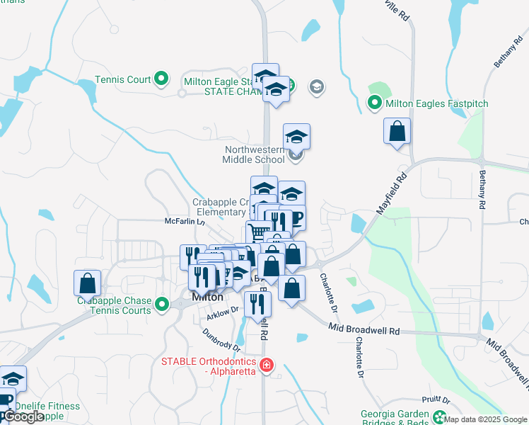 map of restaurants, bars, coffee shops, grocery stores, and more near 12805 Birmingham Highway in Alpharetta