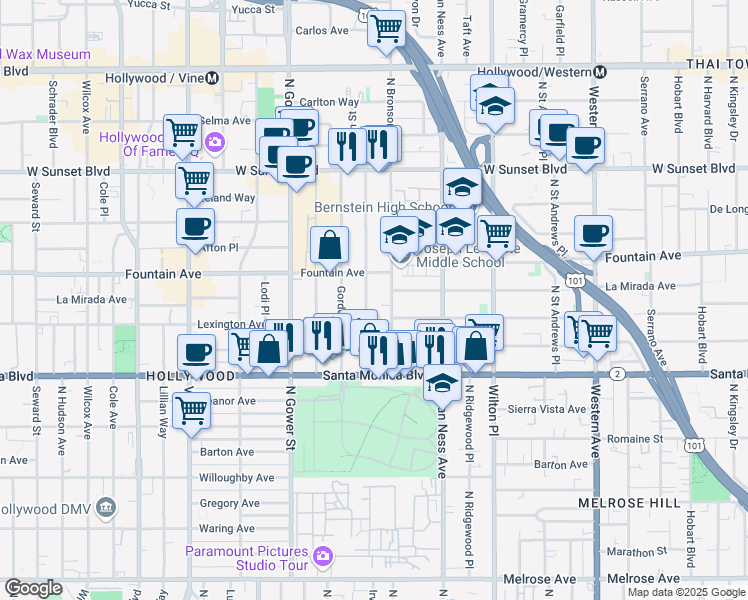 map of restaurants, bars, coffee shops, grocery stores, and more near 1226 Tamarind Ave in Los Angeles