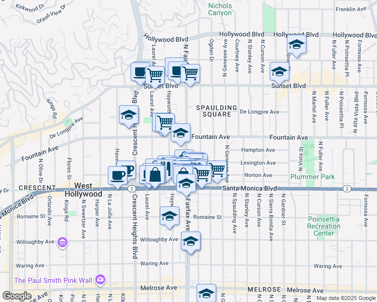 map of restaurants, bars, coffee shops, grocery stores, and more near 1250 North Fairfax Avenue in West Hollywood