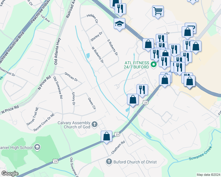map of restaurants, bars, coffee shops, grocery stores, and more near 4447 Frontier Way Northeast in Sugar Hill