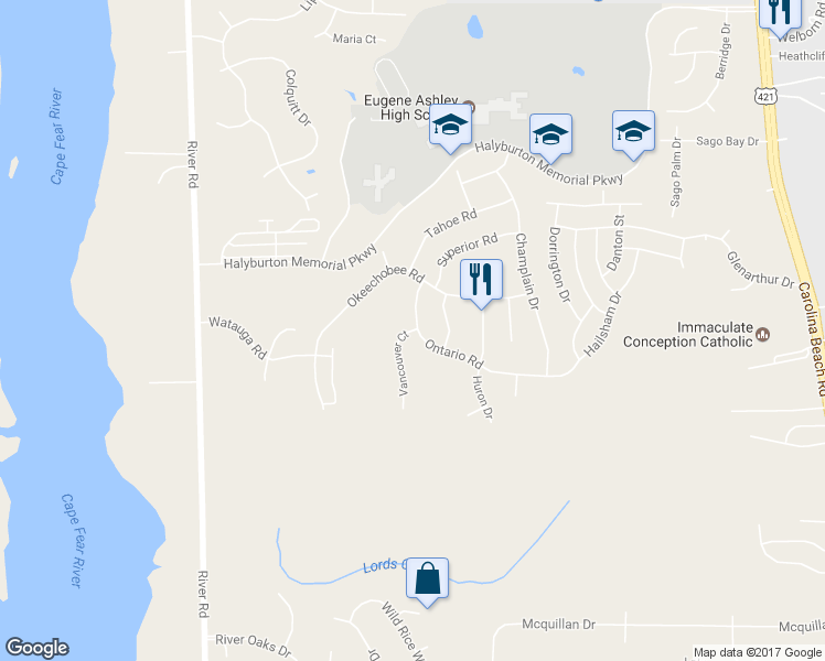 map of restaurants, bars, coffee shops, grocery stores, and more near 7654 Vancouver Court in Wilmington