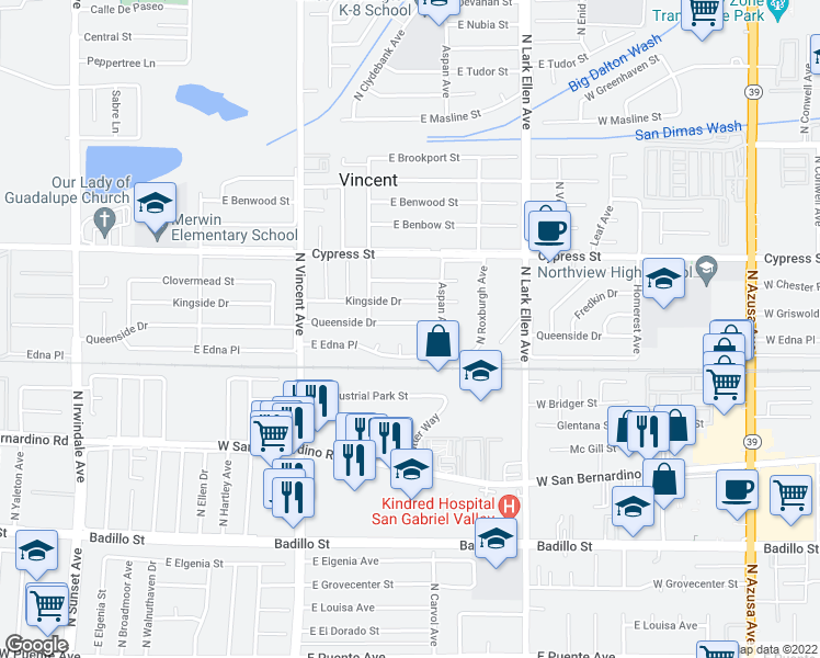 map of restaurants, bars, coffee shops, grocery stores, and more near 16646 E Queenside Dr in Covina