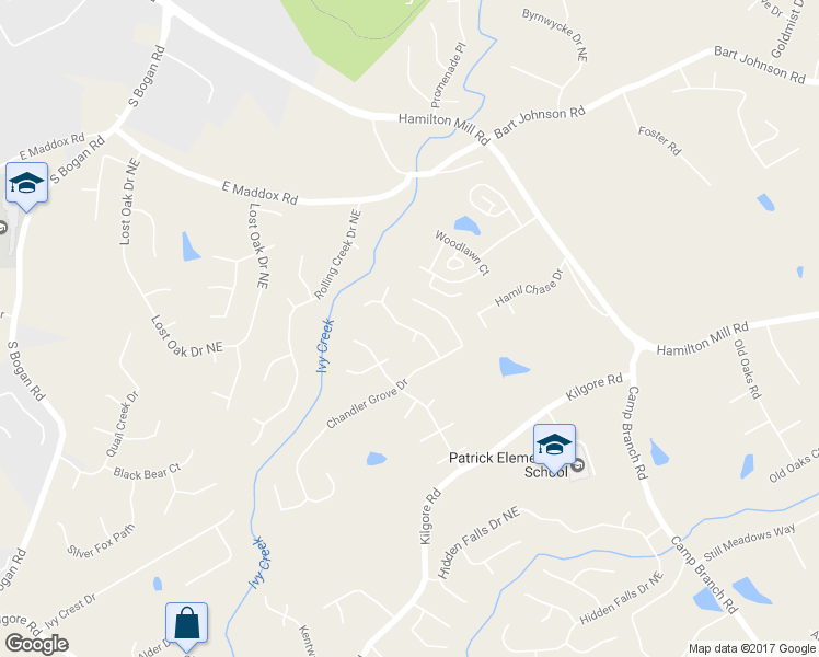 map of restaurants, bars, coffee shops, grocery stores, and more near 3653 Southland Drive Northeast in Buford