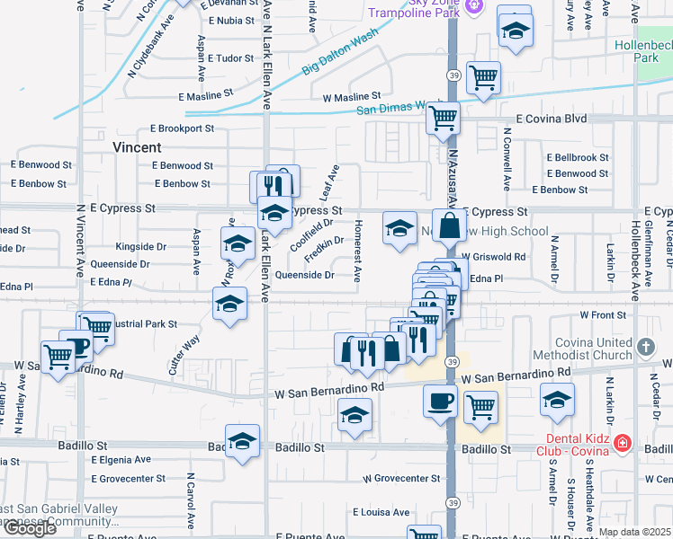 map of restaurants, bars, coffee shops, grocery stores, and more near 1145 East Queenside Drive in Covina