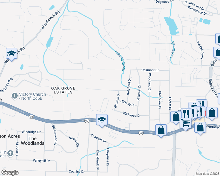map of restaurants, bars, coffee shops, grocery stores, and more near 1556 Dogwood Lane in Acworth