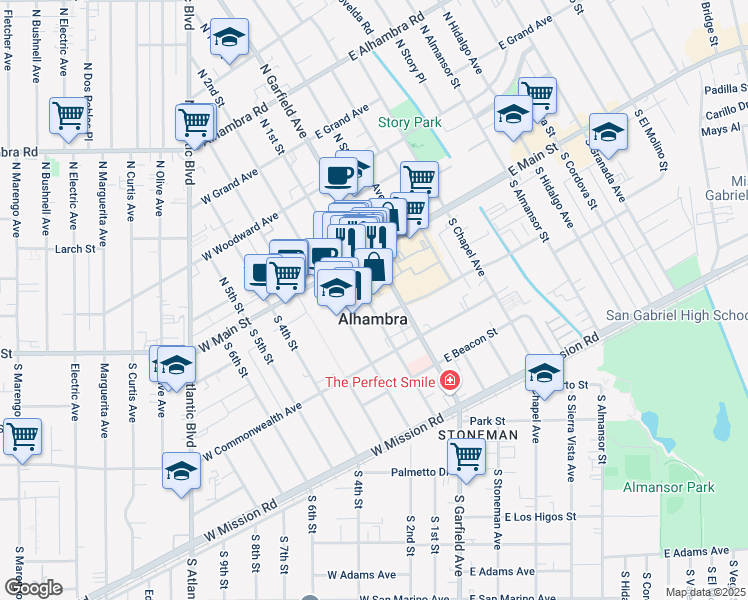 map of restaurants, bars, coffee shops, grocery stores, and more near in Alhambra