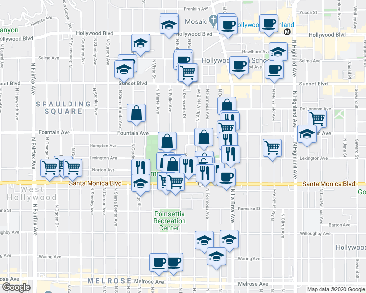 map of restaurants, bars, coffee shops, grocery stores, and more near 1231 Poinsettia Drive in West Hollywood