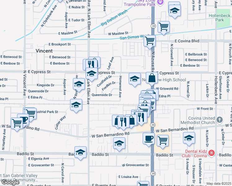 map of restaurants, bars, coffee shops, grocery stores, and more near 1145 East Queenside Drive in Covina