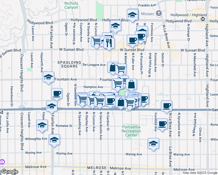 map of restaurants, bars, coffee shops, grocery stores, and more near 7508 Hampton Avenue in West Hollywood