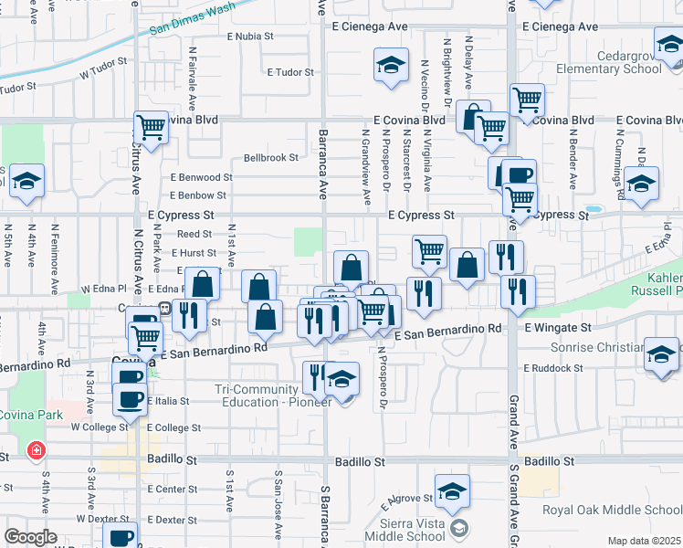 map of restaurants, bars, coffee shops, grocery stores, and more near 545 East Edna Place in Covina