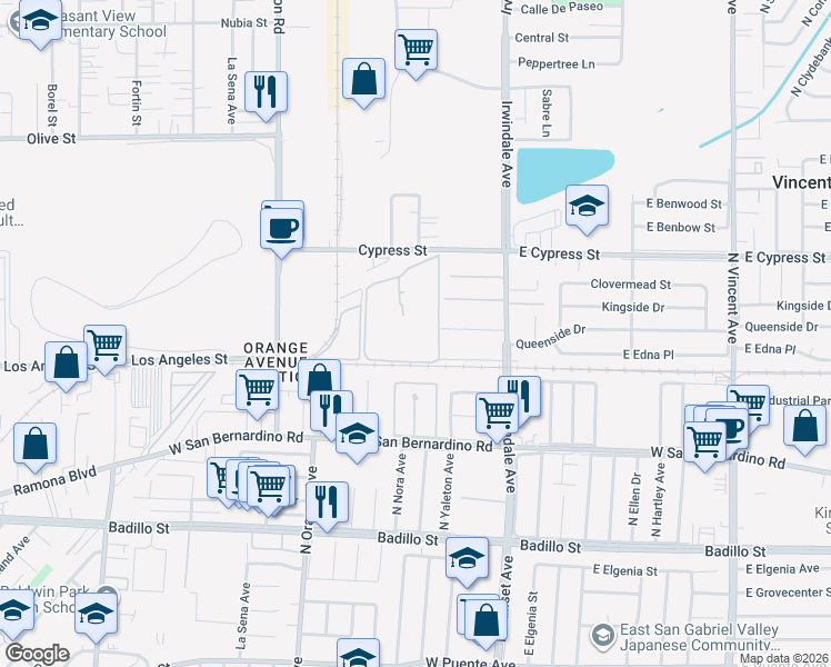 map of restaurants, bars, coffee shops, grocery stores, and more near 4401 Foxdale Street in Irwindale