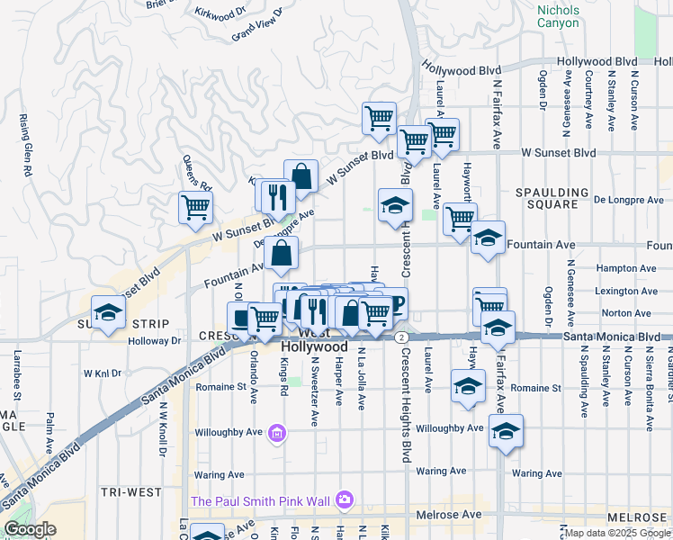 map of restaurants, bars, coffee shops, grocery stores, and more near 1255 North Harper Avenue in West Hollywood