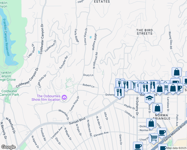 map of restaurants, bars, coffee shops, grocery stores, and more near 401 Drury Lane in Beverly Hills