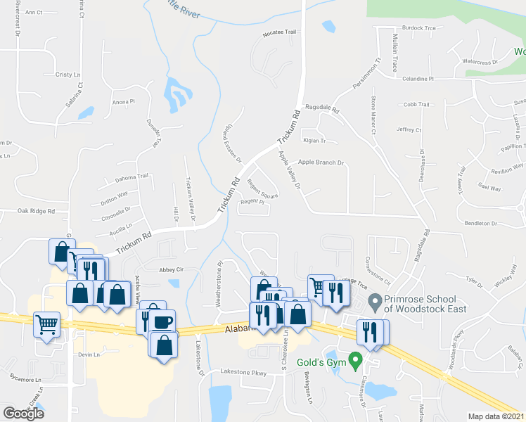 map of restaurants, bars, coffee shops, grocery stores, and more near 147 Regent Place in Woodstock