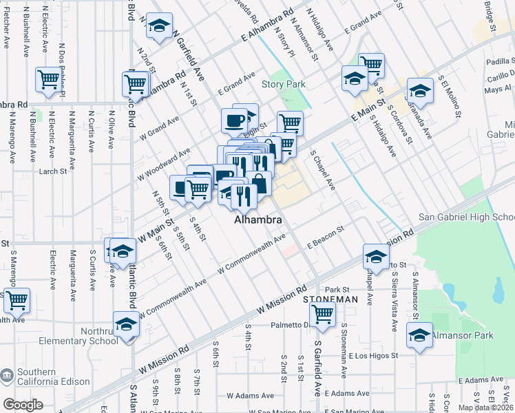map of restaurants, bars, coffee shops, grocery stores, and more near 106 South 1st Street in Alhambra