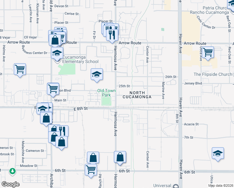 map of restaurants, bars, coffee shops, grocery stores, and more near 10108 24th Street in Rancho Cucamonga