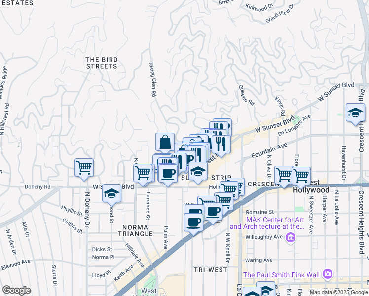 map of restaurants, bars, coffee shops, grocery stores, and more near 1227 Sunset Plaza Drive in Los Angeles