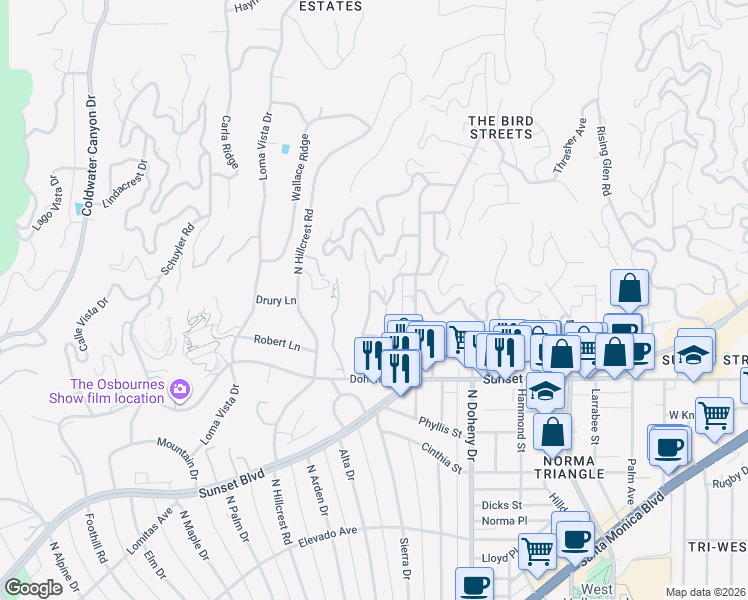 map of restaurants, bars, coffee shops, grocery stores, and more near 1244 Sierra Alta Way in Los Angeles