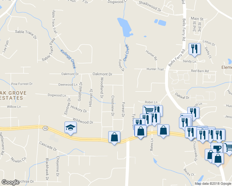 map of restaurants, bars, coffee shops, grocery stores, and more near 5720 Crestview Drive in Acworth
