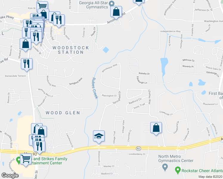 map of restaurants, bars, coffee shops, grocery stores, and more near 305 Winchester Way in Woodstock