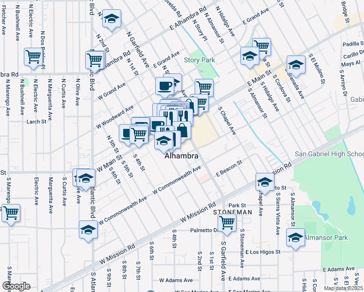 map of restaurants, bars, coffee shops, grocery stores, and more near 106 South 1st Street in Alhambra