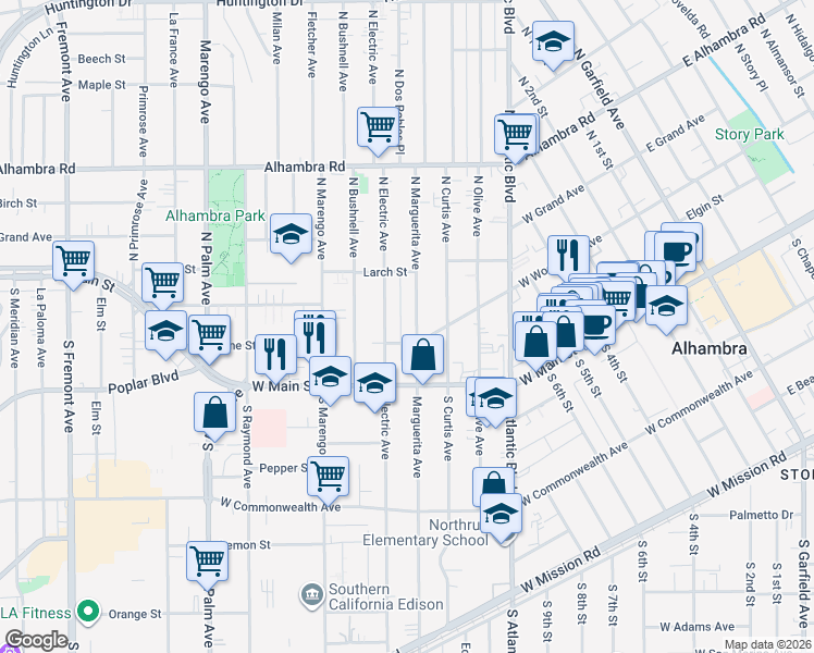 map of restaurants, bars, coffee shops, grocery stores, and more near 115 North Marguerita Avenue in Alhambra