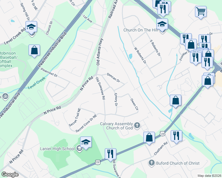 map of restaurants, bars, coffee shops, grocery stores, and more near 4539 Cheeley Drive in Sugar Hill