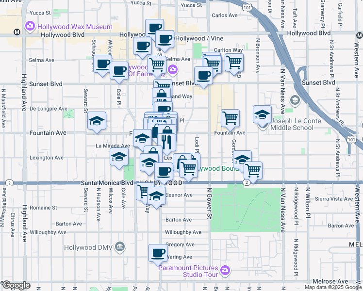 map of restaurants, bars, coffee shops, grocery stores, and more near 6204 La Mirada Avenue in Los Angeles