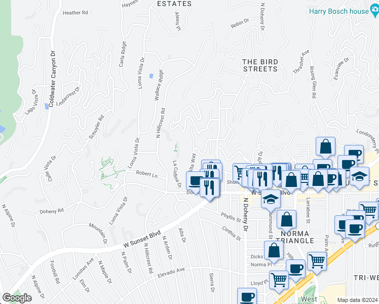 map of restaurants, bars, coffee shops, grocery stores, and more near 1235 Sierra Alta Way in Los Angeles