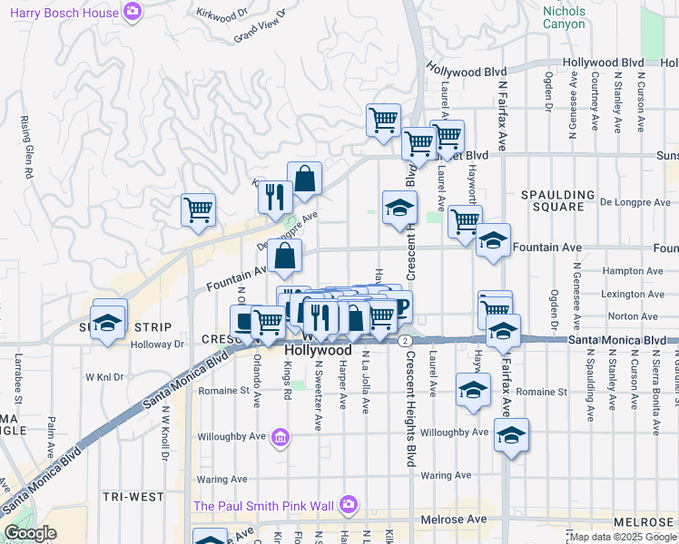 map of restaurants, bars, coffee shops, grocery stores, and more near 1255 North Harper Avenue in West Hollywood