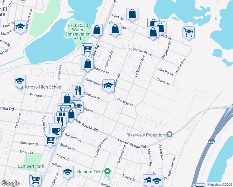 map of restaurants, bars, coffee shops, grocery stores, and more near 5044 Buffington Road in El Monte