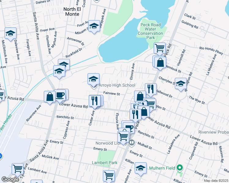 map of restaurants, bars, coffee shops, grocery stores, and more near 11407 Fairview Street in El Monte