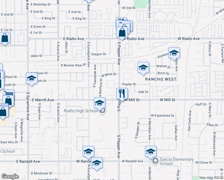 map of restaurants, bars, coffee shops, grocery stores, and more near 2940 West Poplar Circle in Rialto