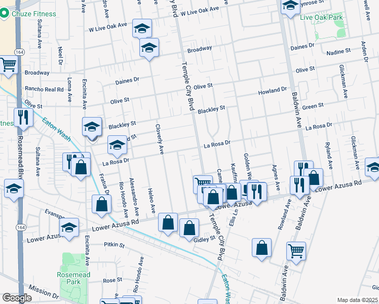 map of restaurants, bars, coffee shops, grocery stores, and more near 9564 La Rosa Drive in Temple City