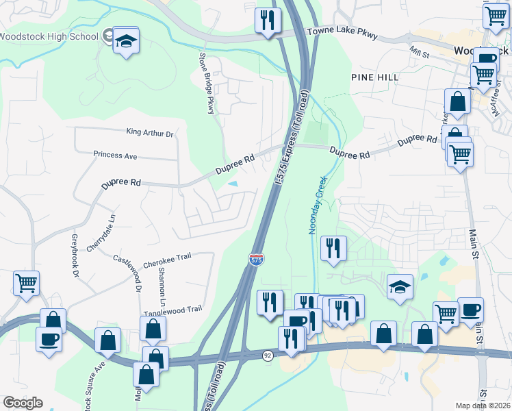 map of restaurants, bars, coffee shops, grocery stores, and more near 630 Stickley Oak Way in Woodstock