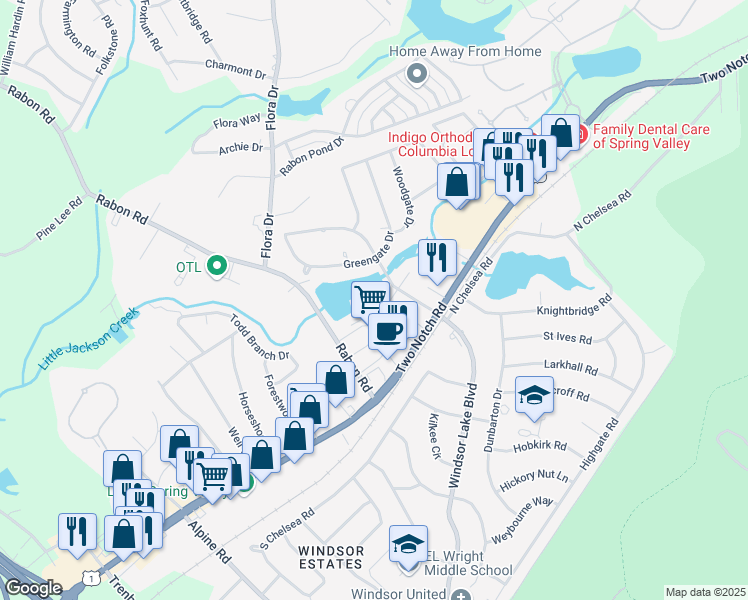 map of restaurants, bars, coffee shops, grocery stores, and more near 32 Royalgate Drive in Columbia