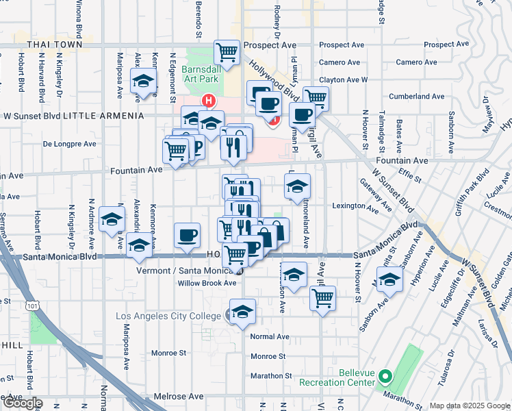 map of restaurants, bars, coffee shops, grocery stores, and more near 4645 Lexington Avenue in Los Angeles