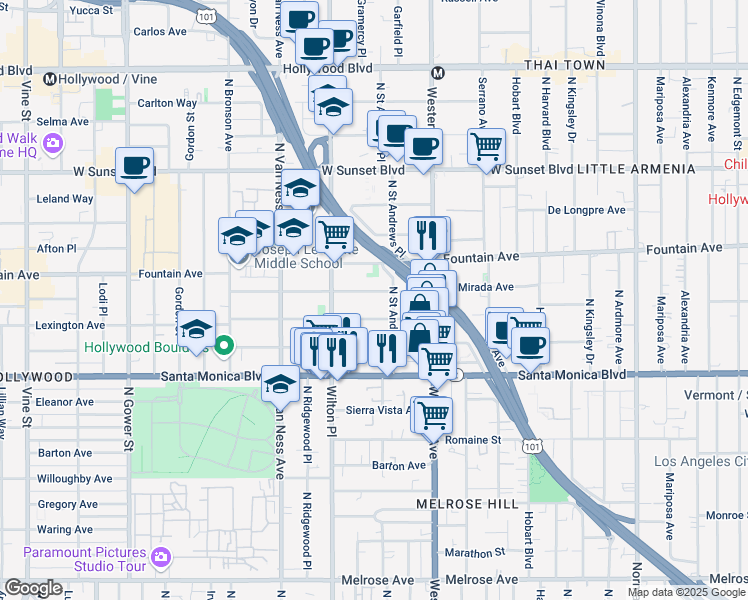 map of restaurants, bars, coffee shops, grocery stores, and more near 5642 La Mirada Avenue in Los Angeles