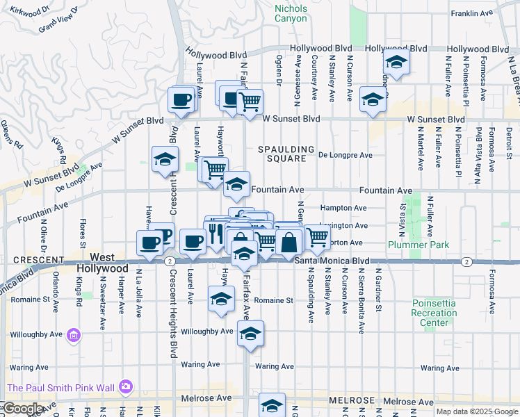 map of restaurants, bars, coffee shops, grocery stores, and more near 1221 North Orange Grove Avenue in West Hollywood