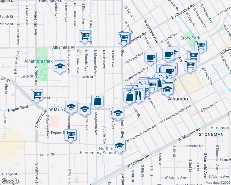 map of restaurants, bars, coffee shops, grocery stores, and more near 116 North Olive Avenue in Alhambra