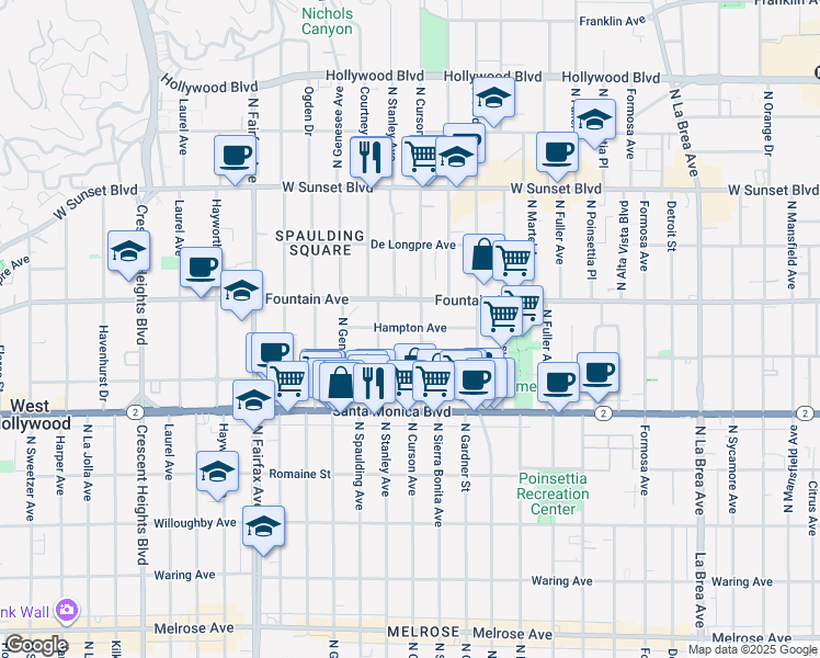 map of restaurants, bars, coffee shops, grocery stores, and more near 7612 Hampton Avenue in West Hollywood