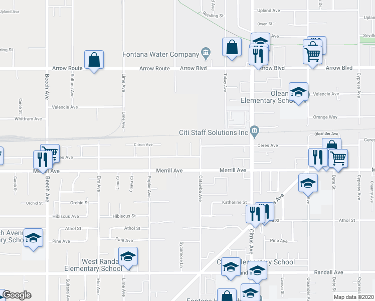 map of restaurants, bars, coffee shops, grocery stores, and more near 8882 Niagara Drive in Fontana
