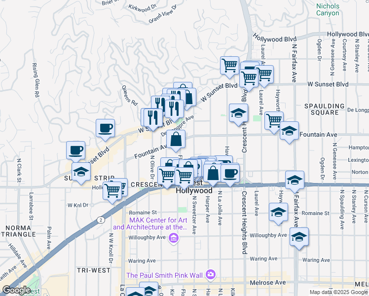 map of restaurants, bars, coffee shops, grocery stores, and more near 1260 North Flores Street in West Hollywood