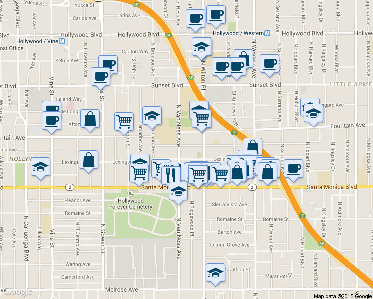 map of restaurants, bars, coffee shops, grocery stores, and more near 5744 La Mirada Avenue in Los Angeles